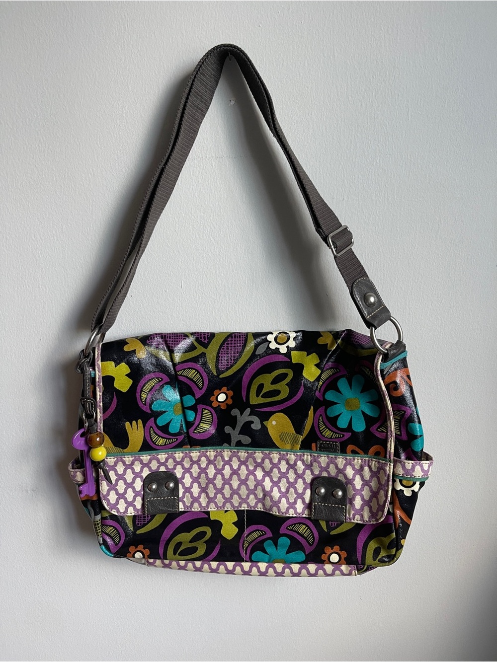 Vintage Fossil Floral “Key Per” Messenger Bag in Black, Teal, Purple & Lime
